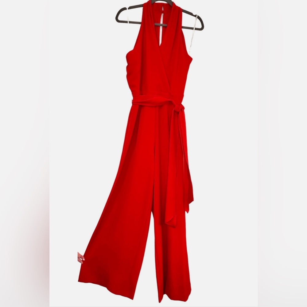 Julia Jordan Surplice Tie Waist Sleeveless Halter Jumpsuit Red - Size 10